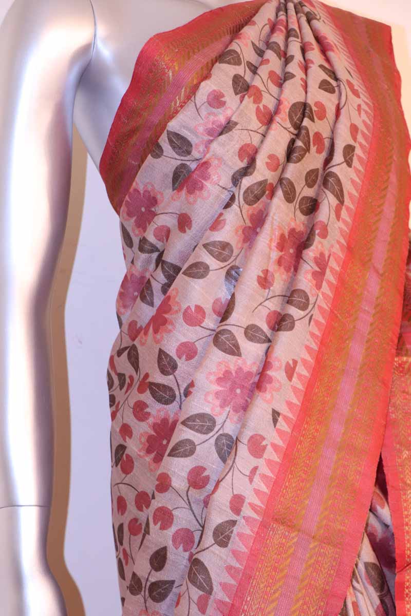 Handloom Printed Tussar Silk Saree